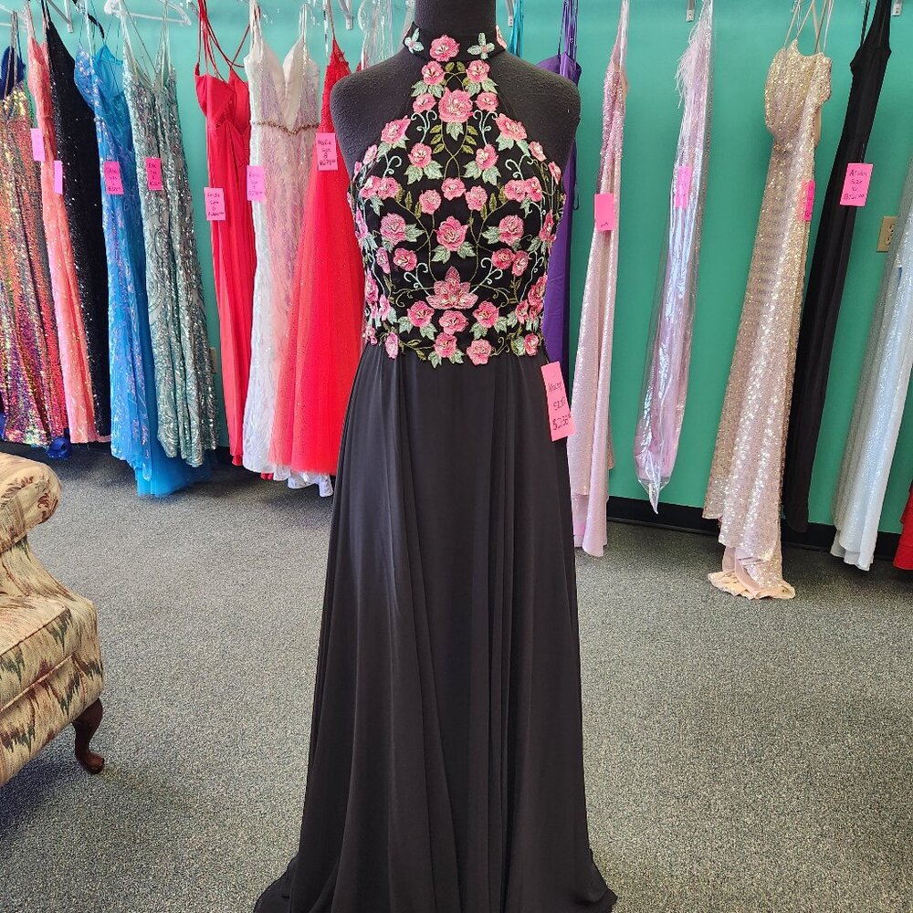 Black Prom Dress with Pink Floral Embroidery - Women's Halter Gown